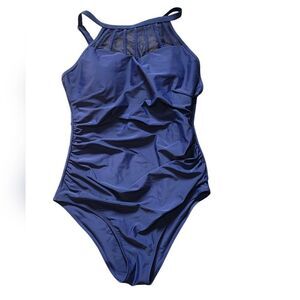 Holipick Navy Blue High Neck Mesh One-Piece Swimsuit